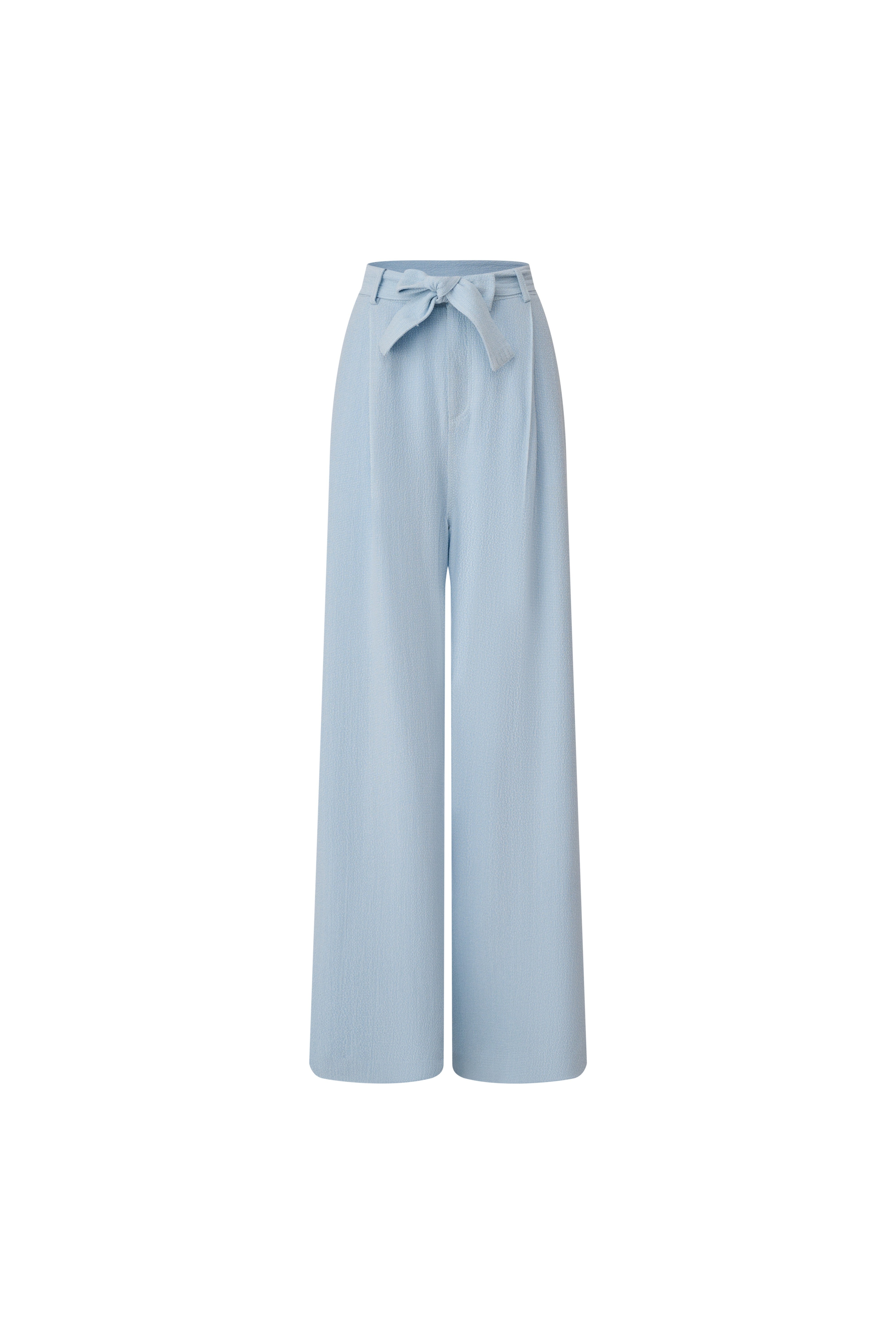 Front view of Edward Achour sky blue wide-leg trousers with a matching tie-belt.