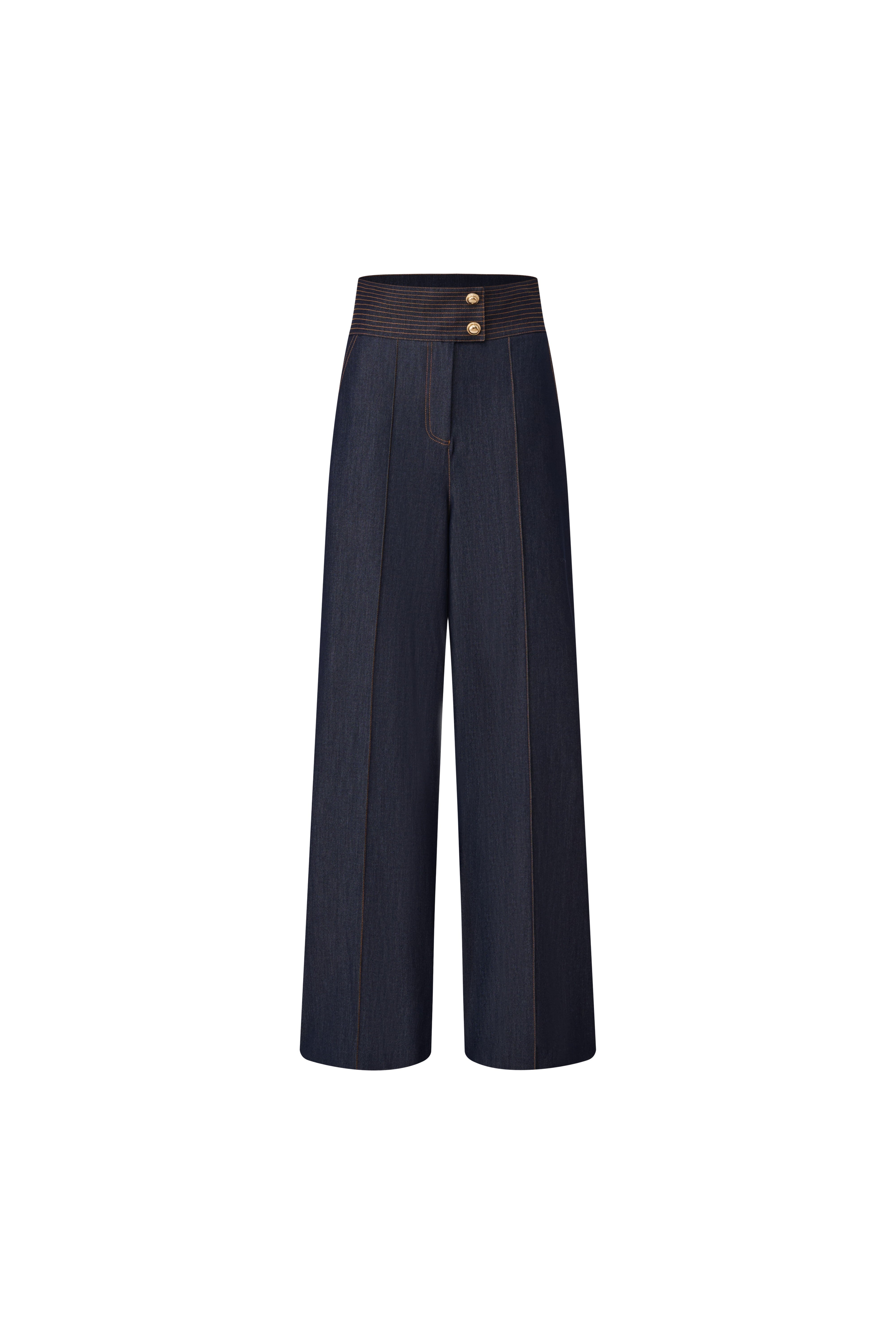 Front view of Edward Achour dark blue wide-leg jeans with a striped waistband and two gold buttons.