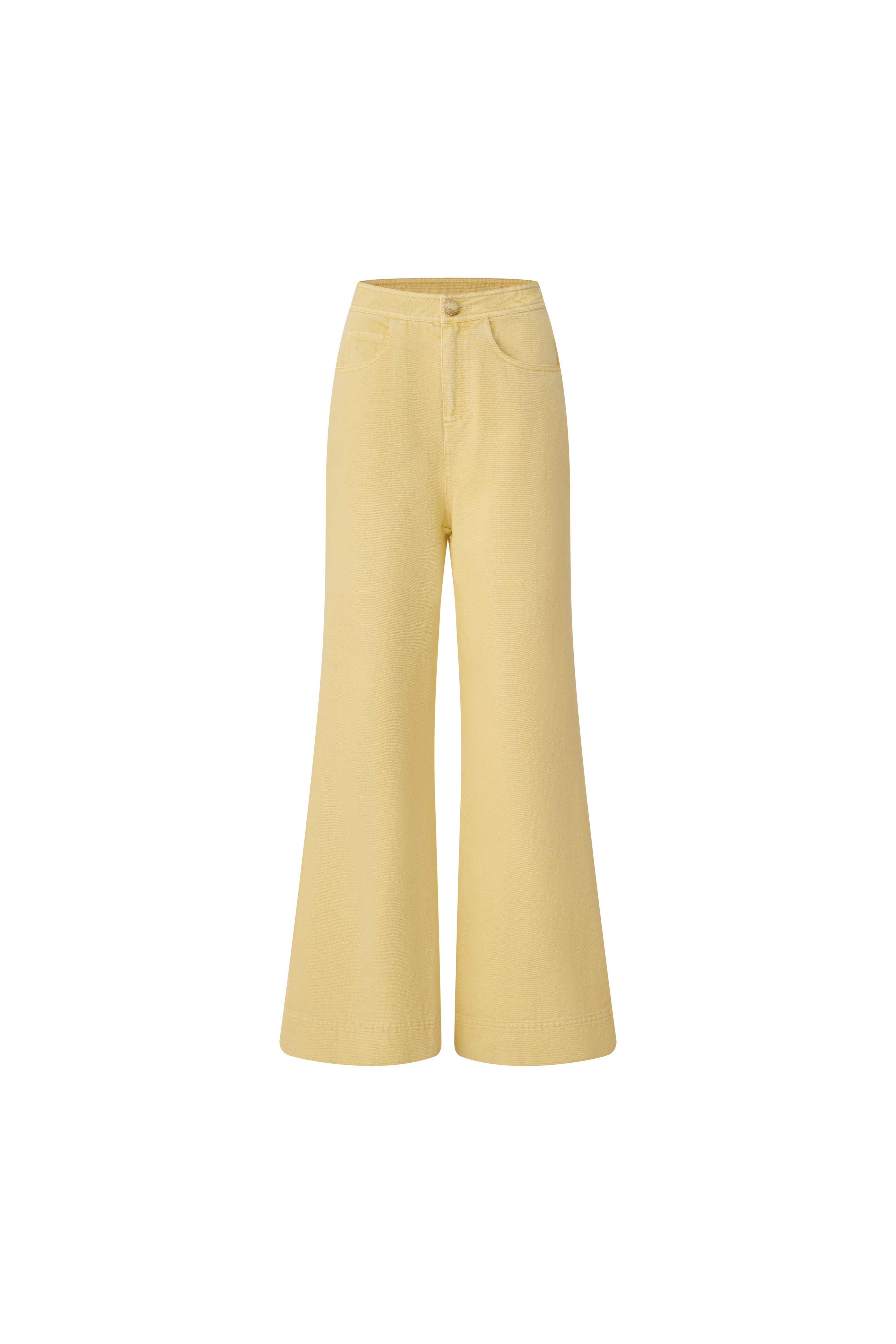 Front view of yellow high-waisted flare leg denim jeans.