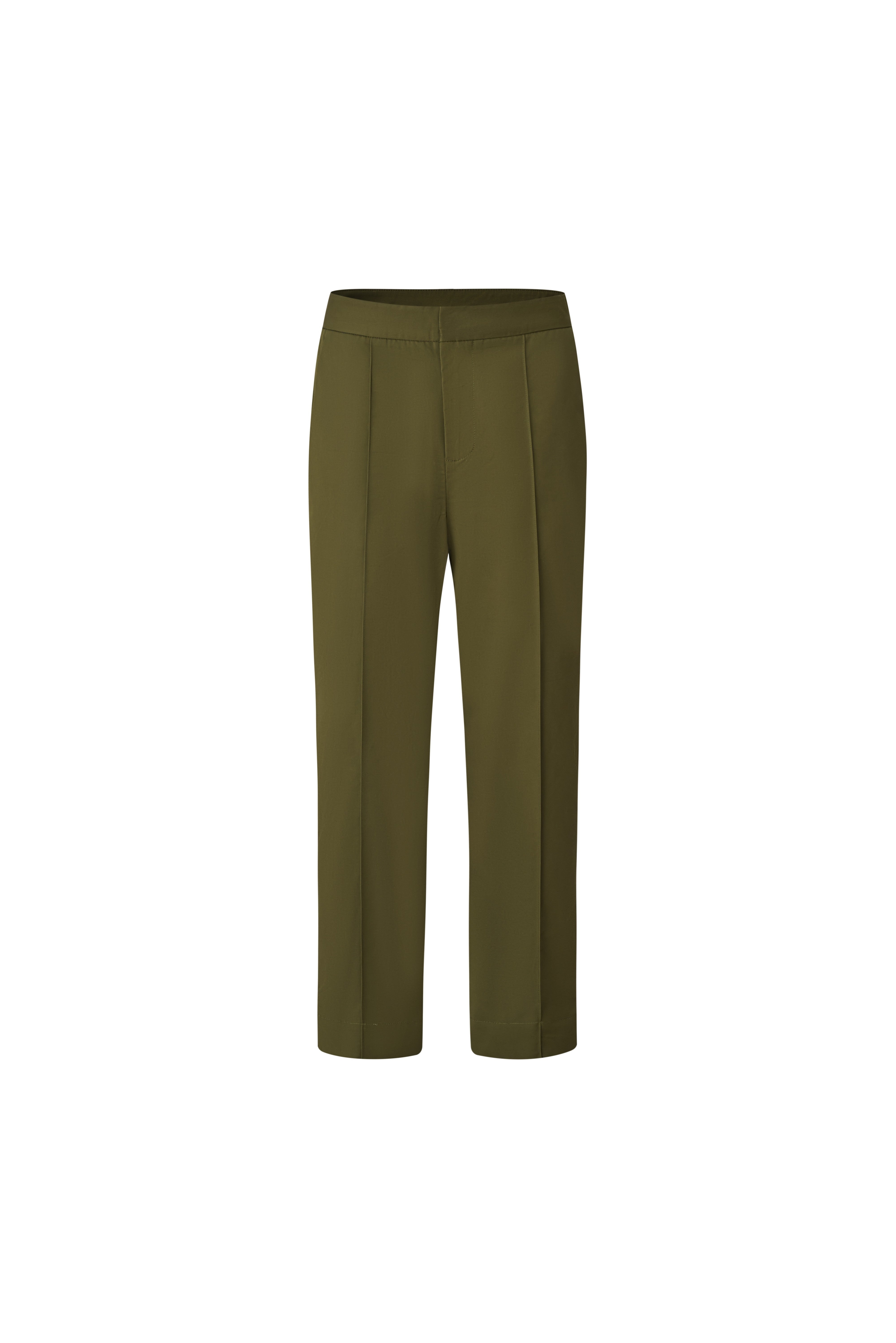 Front view of khaki high-waisted tailored straight-leg trousers with pressed pleats.