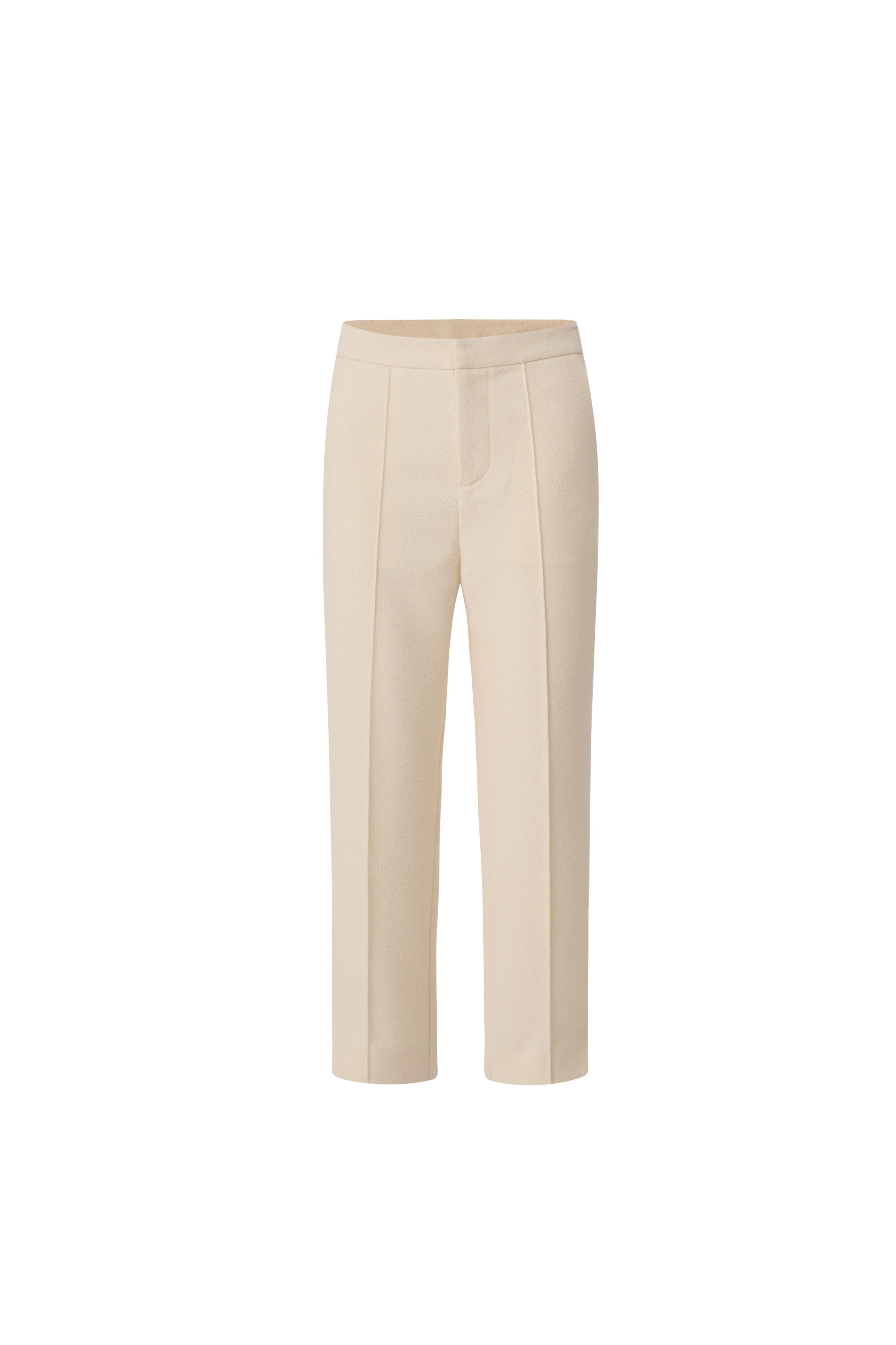Front view of beige high-waisted tailored straight-leg trousers with pressed pleats.