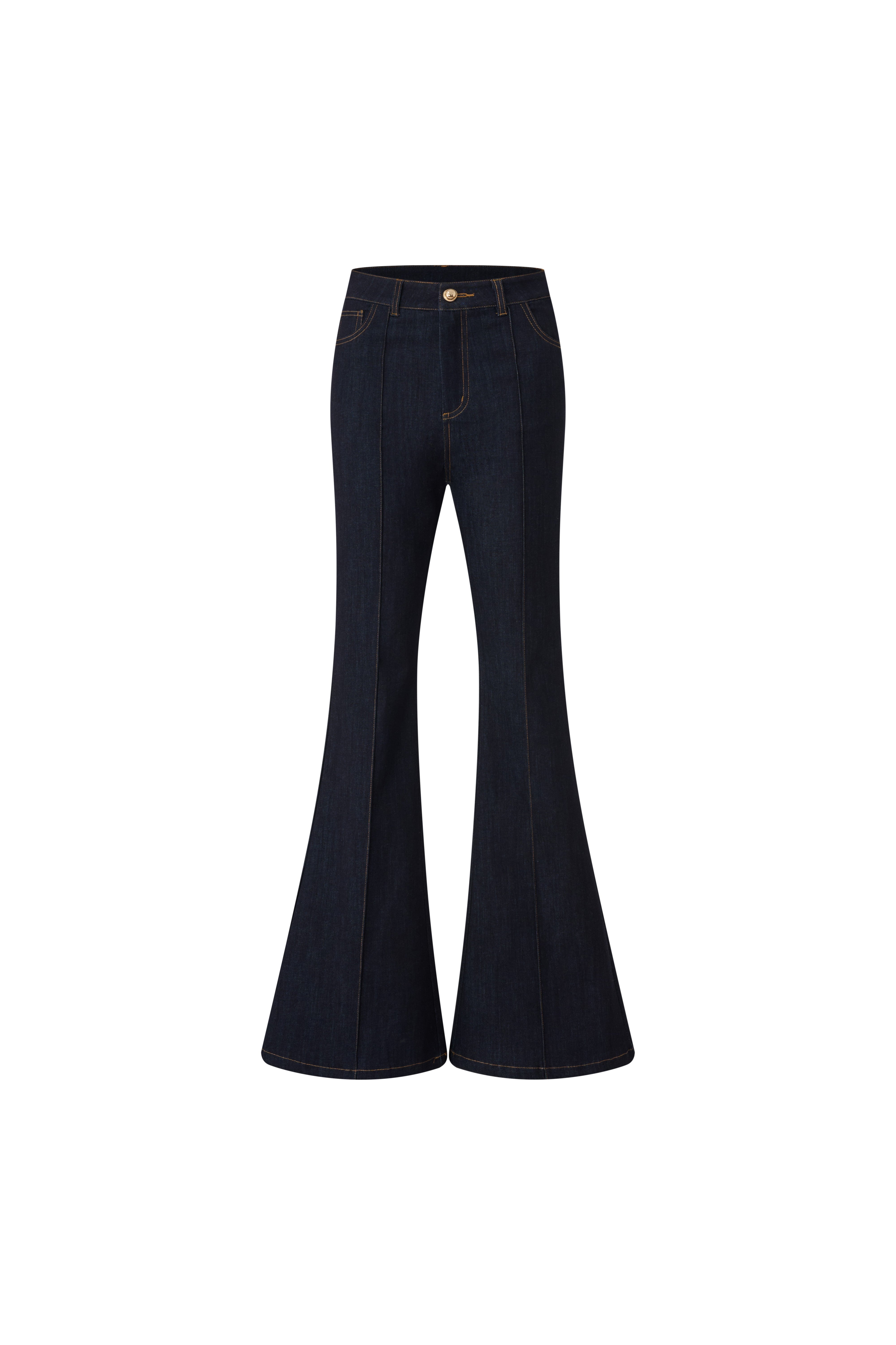 Front view of dark blue high-waisted flare jeans with vertical seam details.