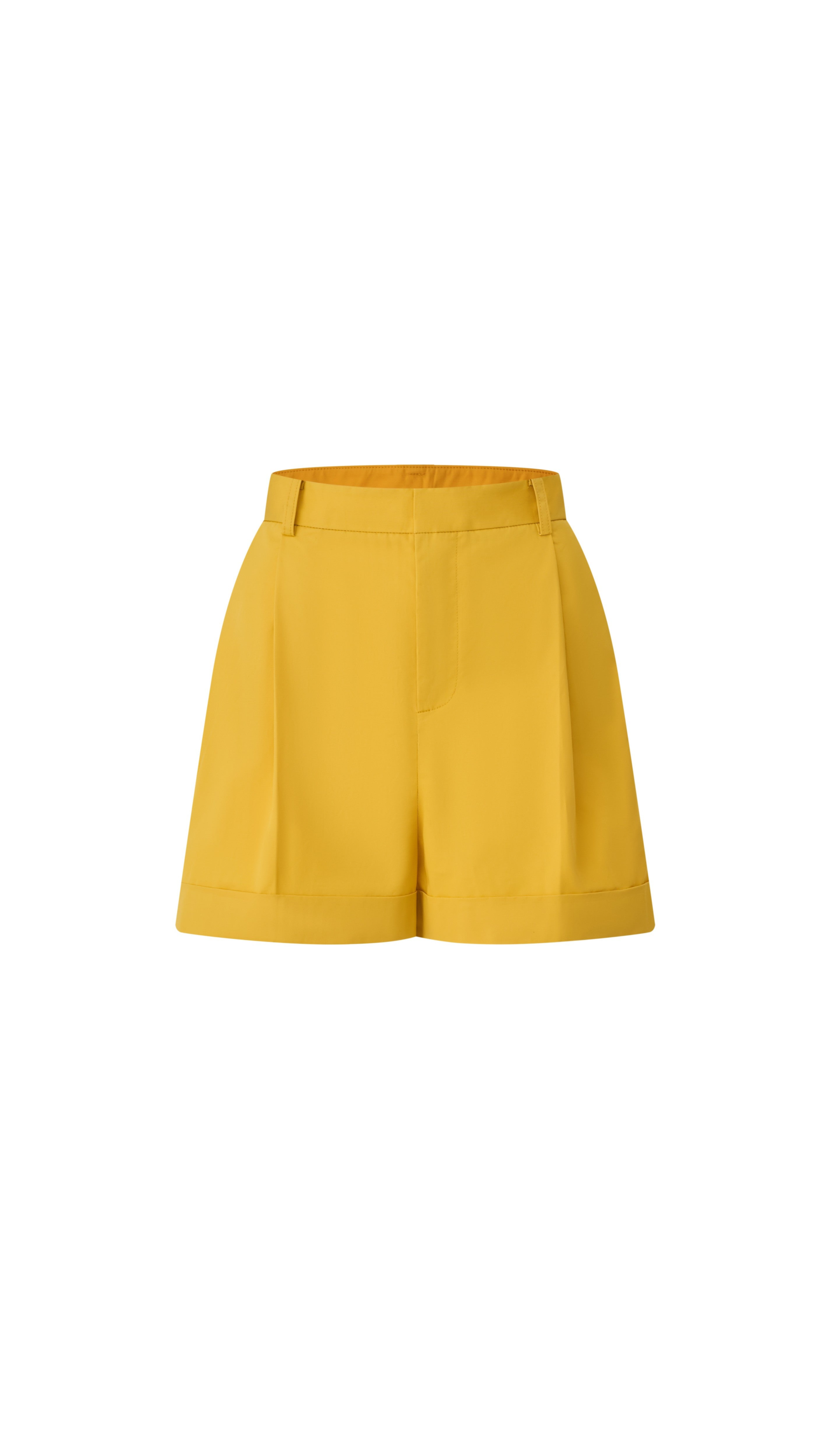 Front view of yellow high-waisted tailored shorts with pleats.
