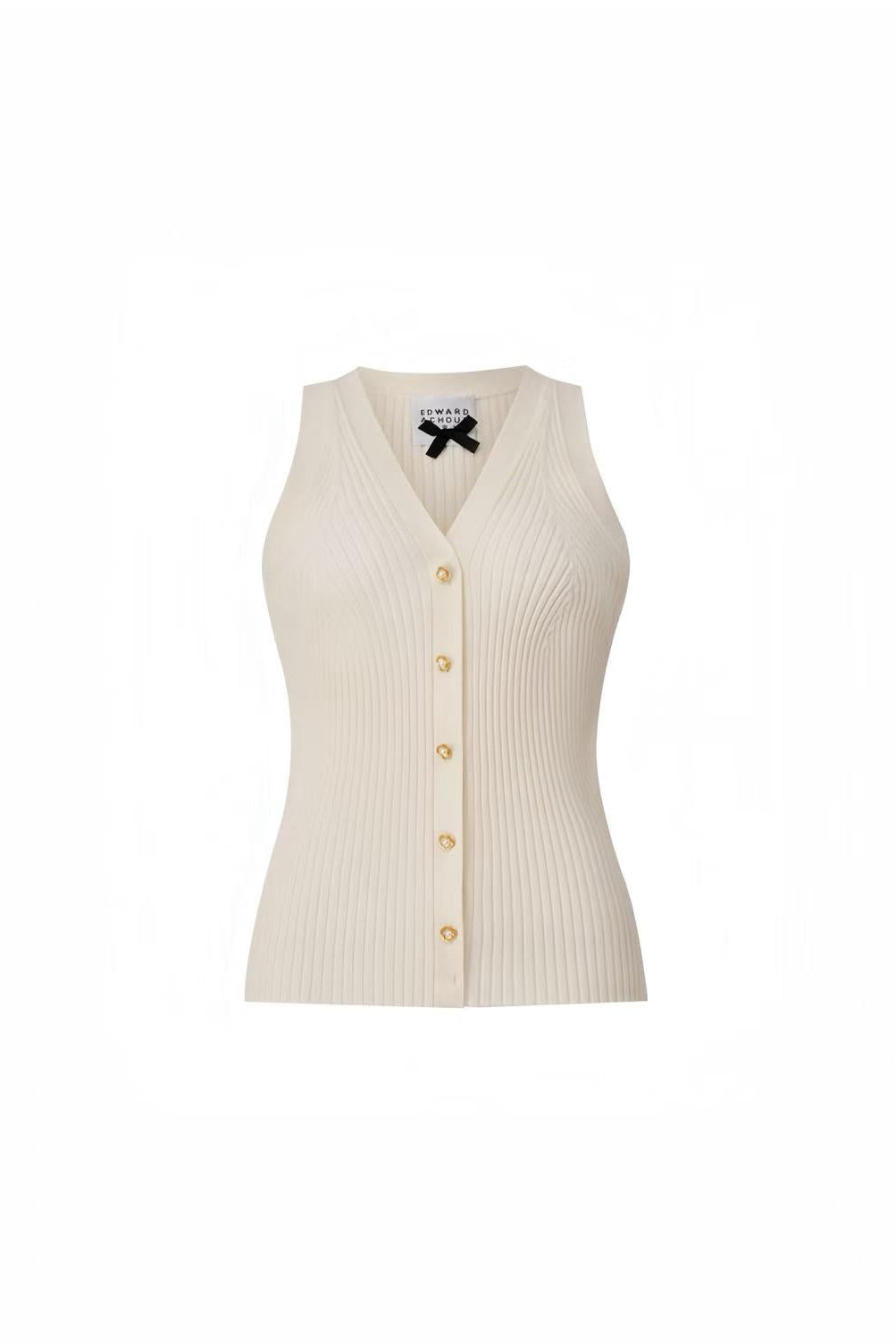 Front view of Edward Achour cream ribbed knit sleeveless top with gold buttons.