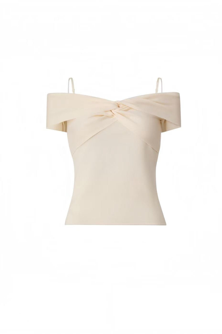 Front view of a cream Edward Achour off-the-shoulder top with a twisted front detail.