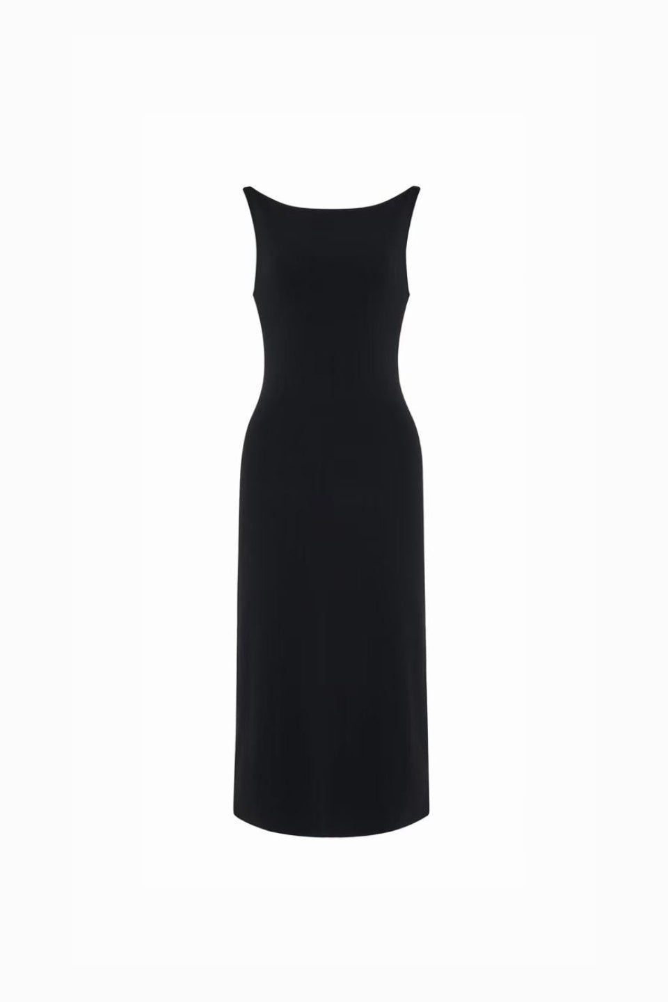 Front view of a minimalist black sleeveless column midi dress by Edward Achour.