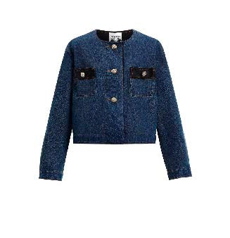 Cropped Denim Tweed Jacket with Contrast Pockets