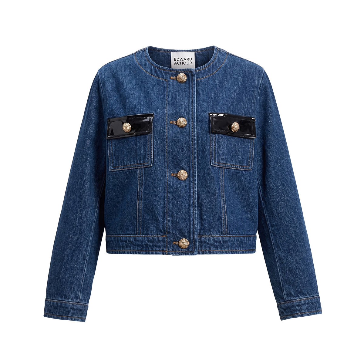 Cropped Denim Tweed Jacket with Contrast Pockets