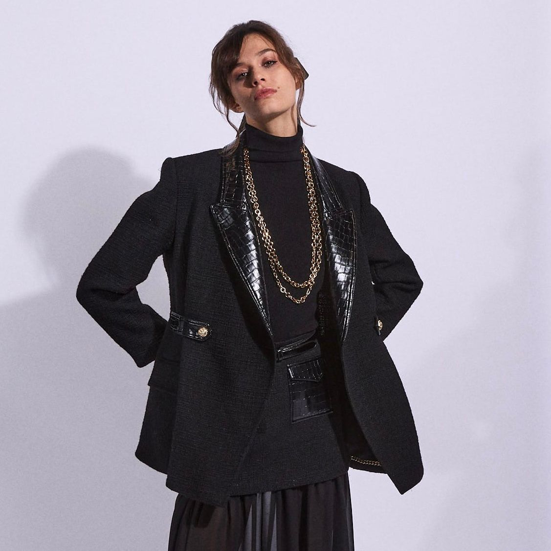 Double-Breasted Tweed Blazer with Satin Lapels