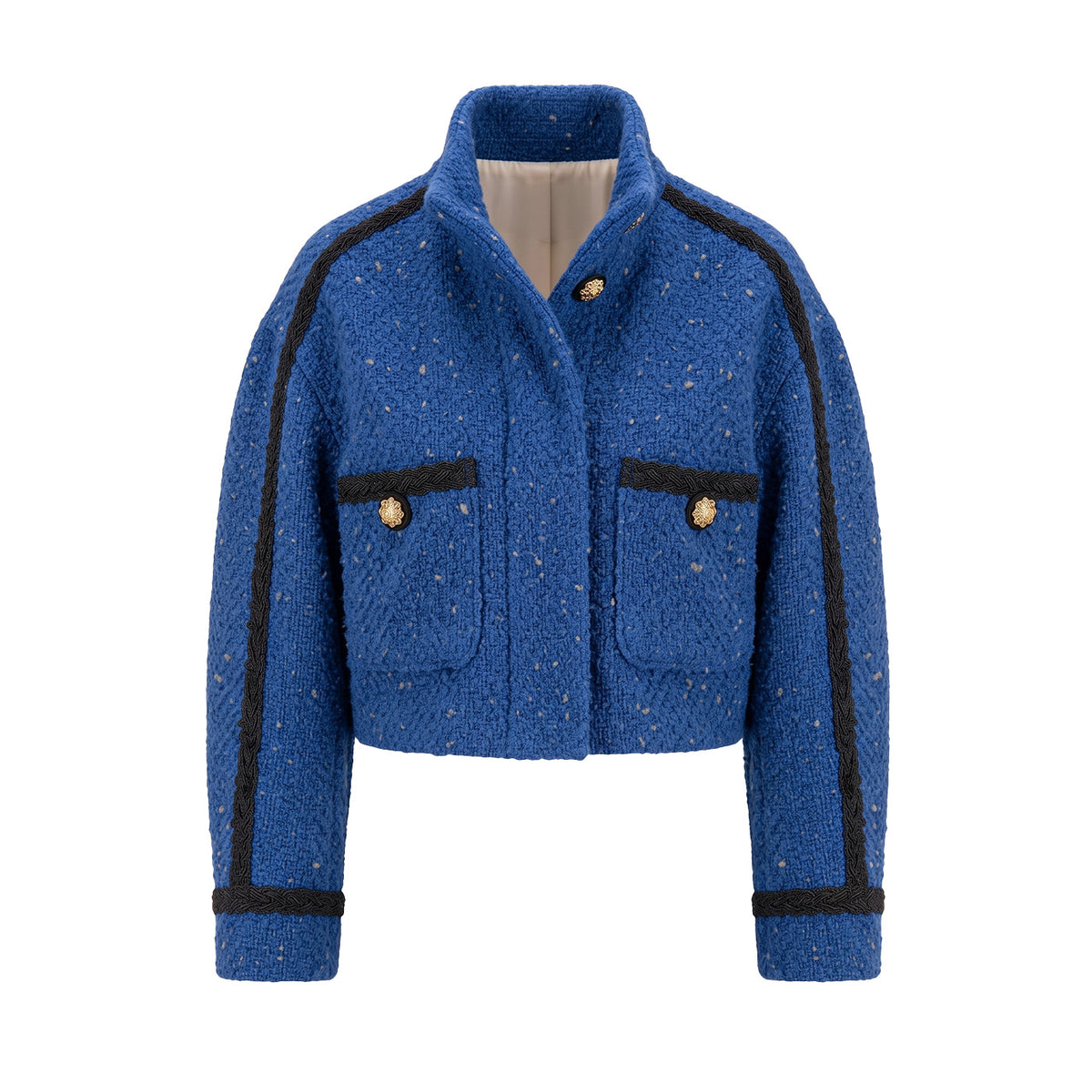 Cropped Funnel-Neck Tweed Jacket