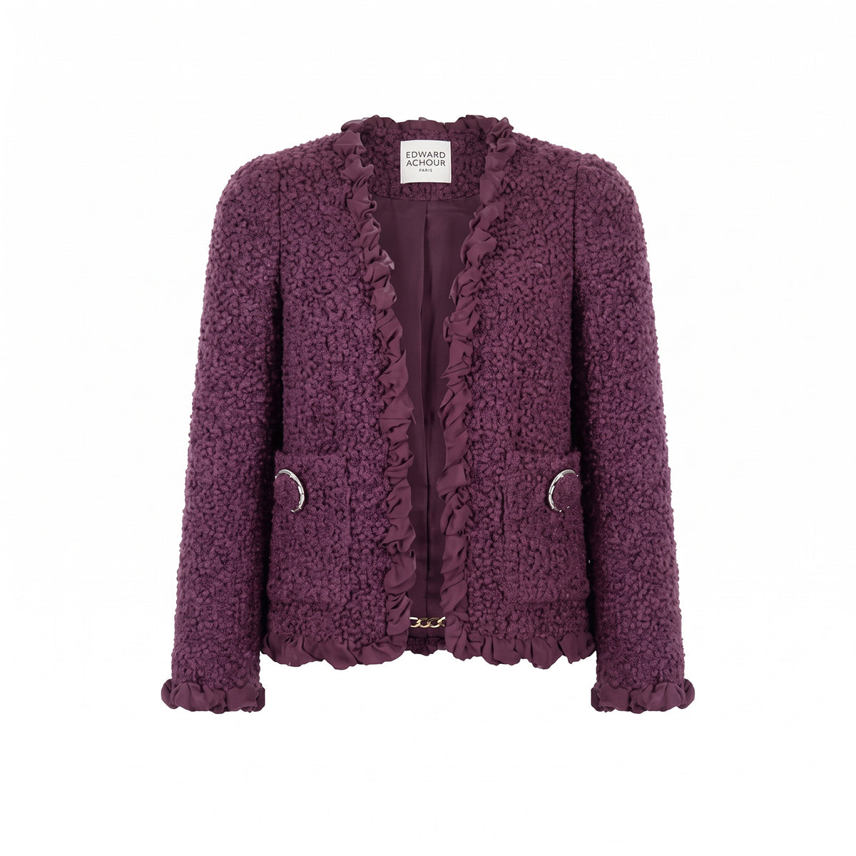 Ruffle-Trim Tweed Jacket with Ring Pockets