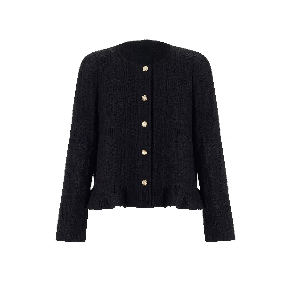Collarless Textured Jacket with Gold Buttons