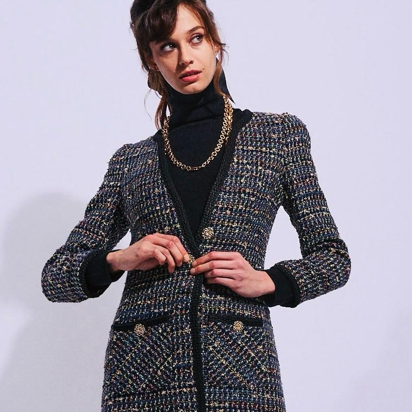 Long Metallic Tweed Coat with Patch Pockets