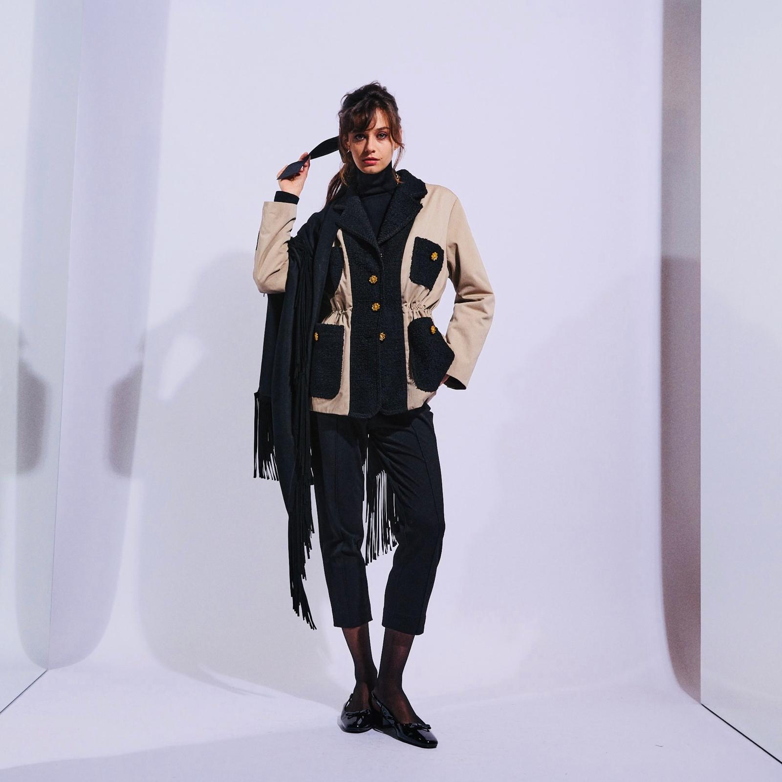 Contrast-Lapel Coat with Gold Buttons