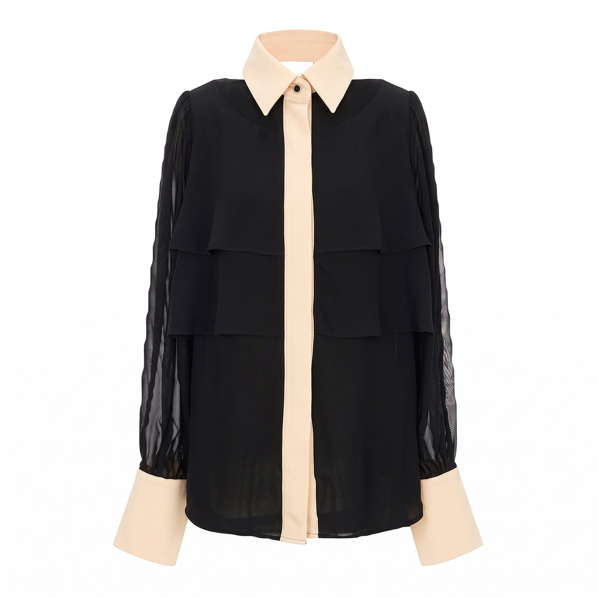Sheer Tiered-Ruffle Blouse with Contrast Trim