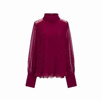 Pleated High-Neck Lace Blouse
