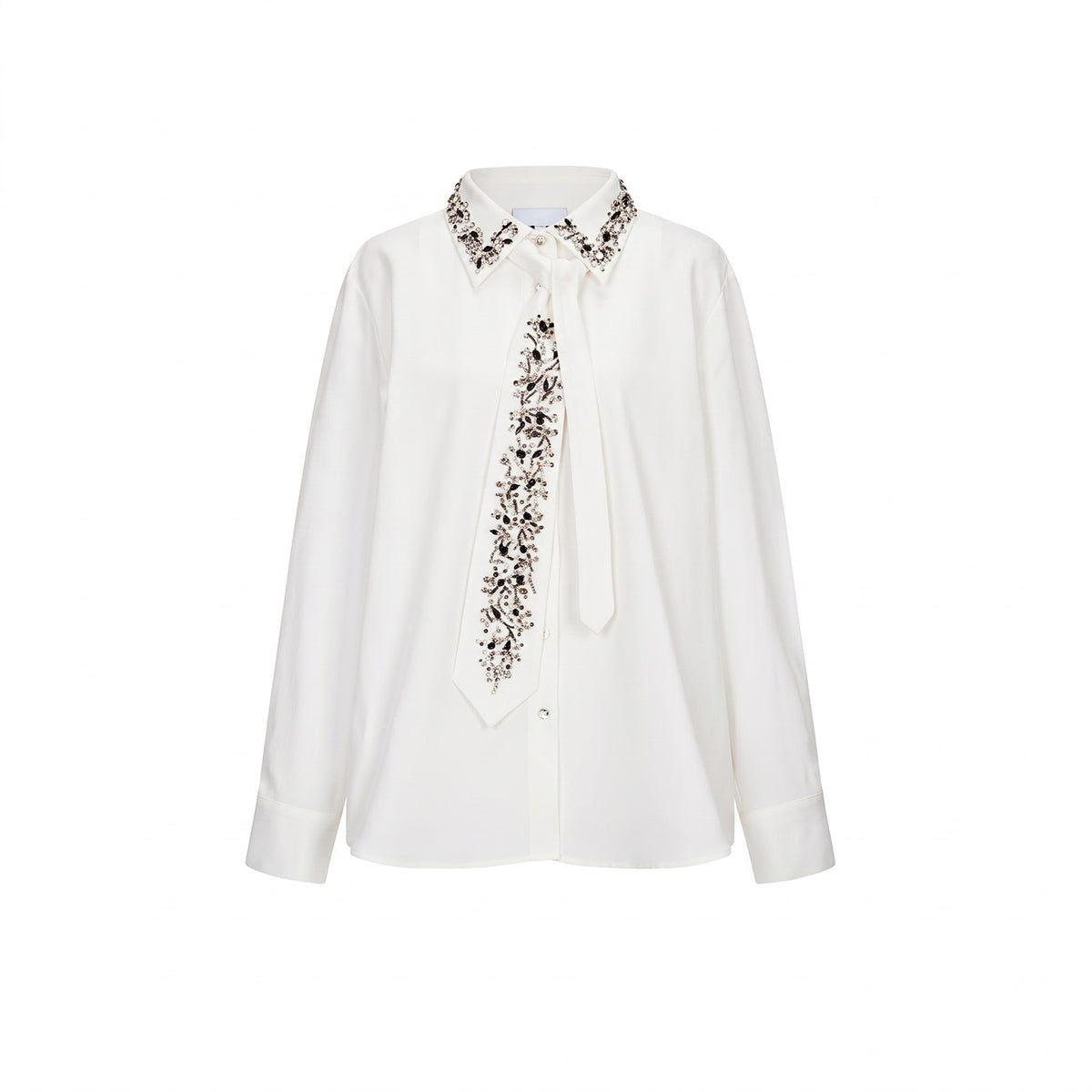 Crystal-Collar Blouse with Neck Tie