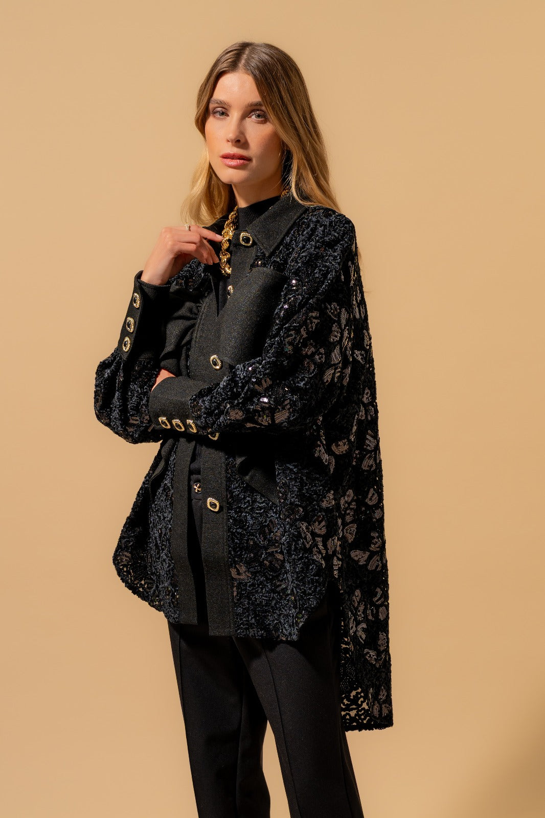 Velvet Lace Shirt with Sequin Details and Statement Bow (090616/932)