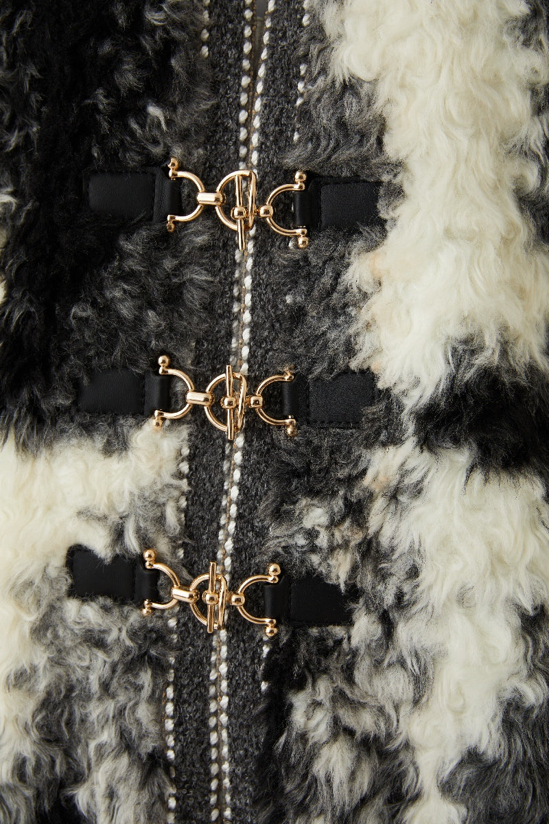 Shearling-Effect Contrast Coat with Gold-Tone Clasps (090203/905)