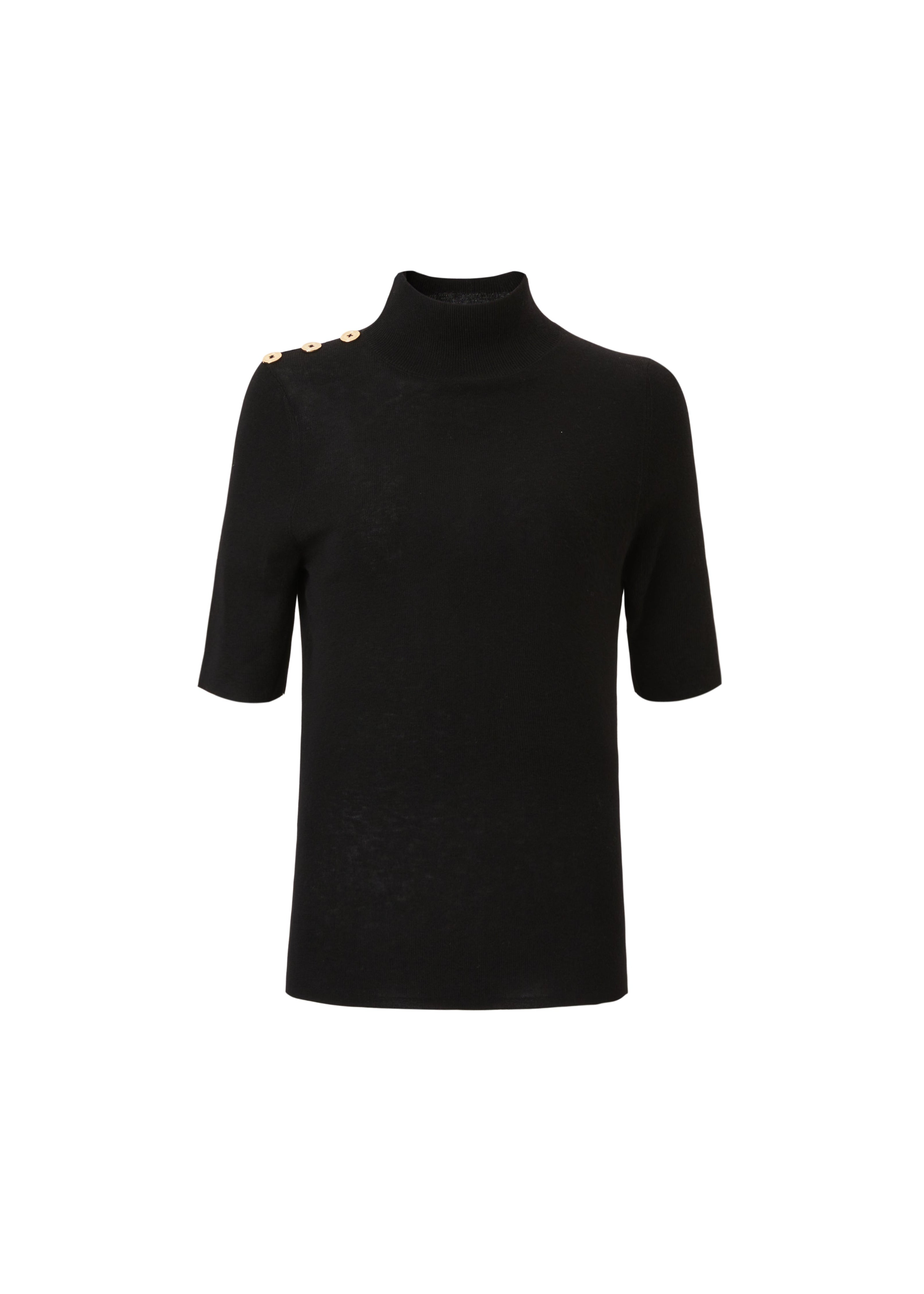 Half-Turtleneck Fitted Wool Top with Shoulder Button Detail (091501/995)