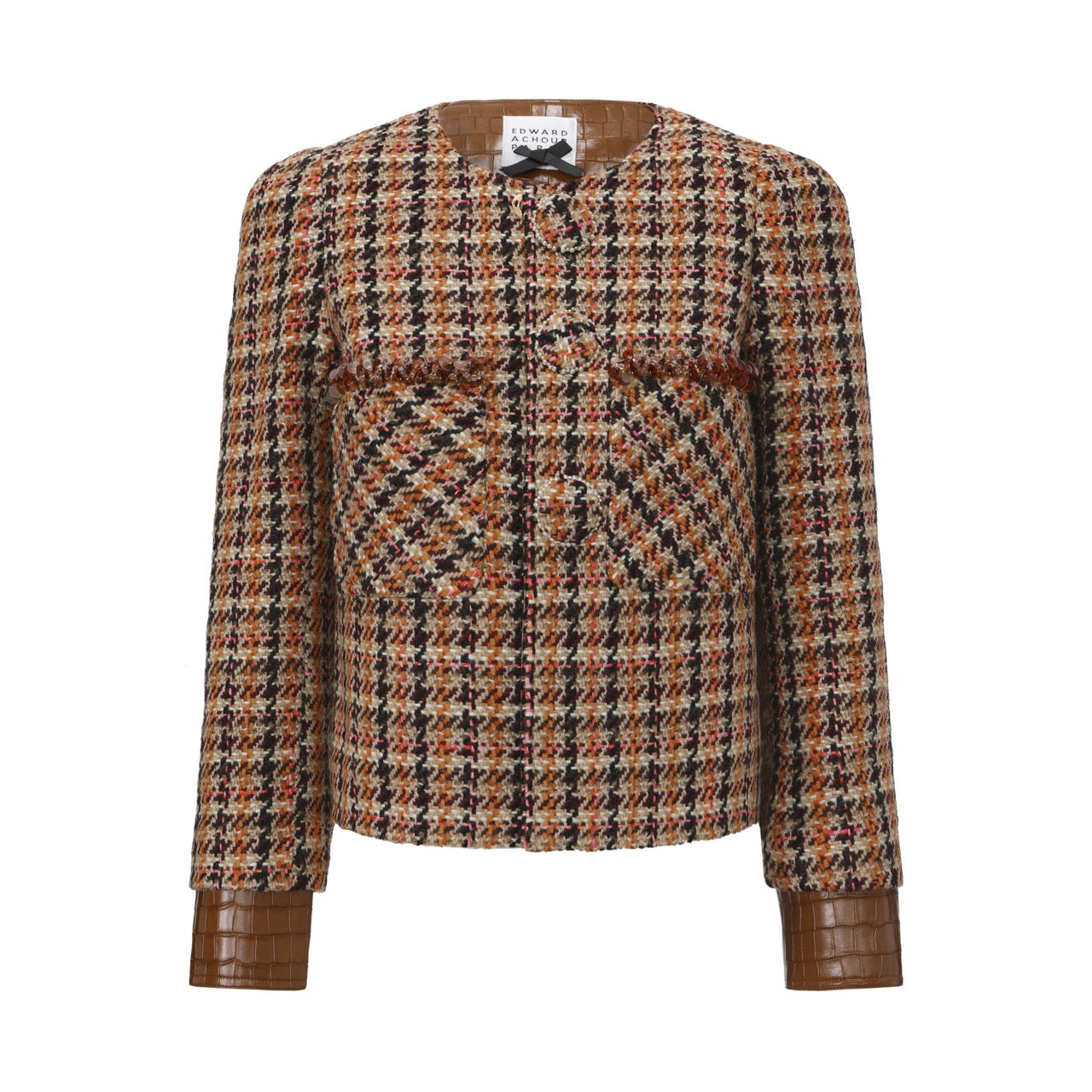 Cropped Check Tweed Jacket with Leather Cuffs