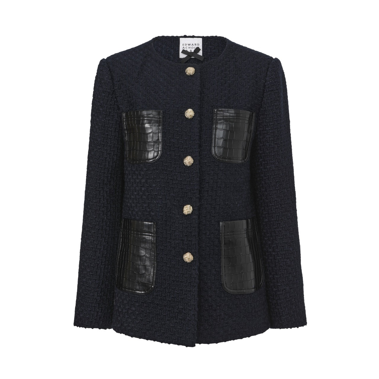 Long Tweed Jacket with Contrast Pockets