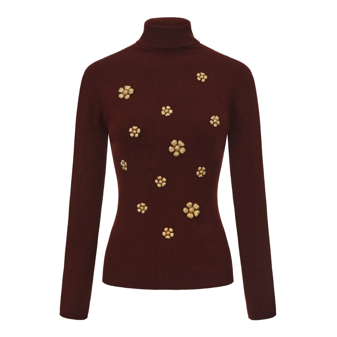 Floral-Applique Ribbed Turtleneck