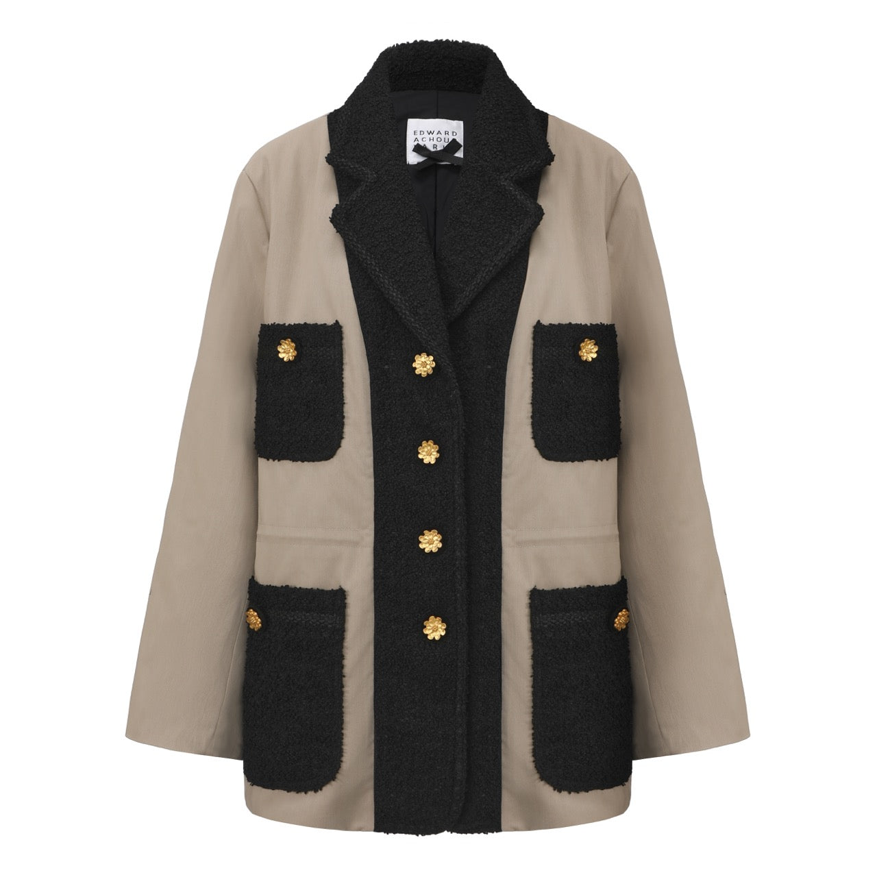 Contrast-Lapel Coat with Gold Buttons