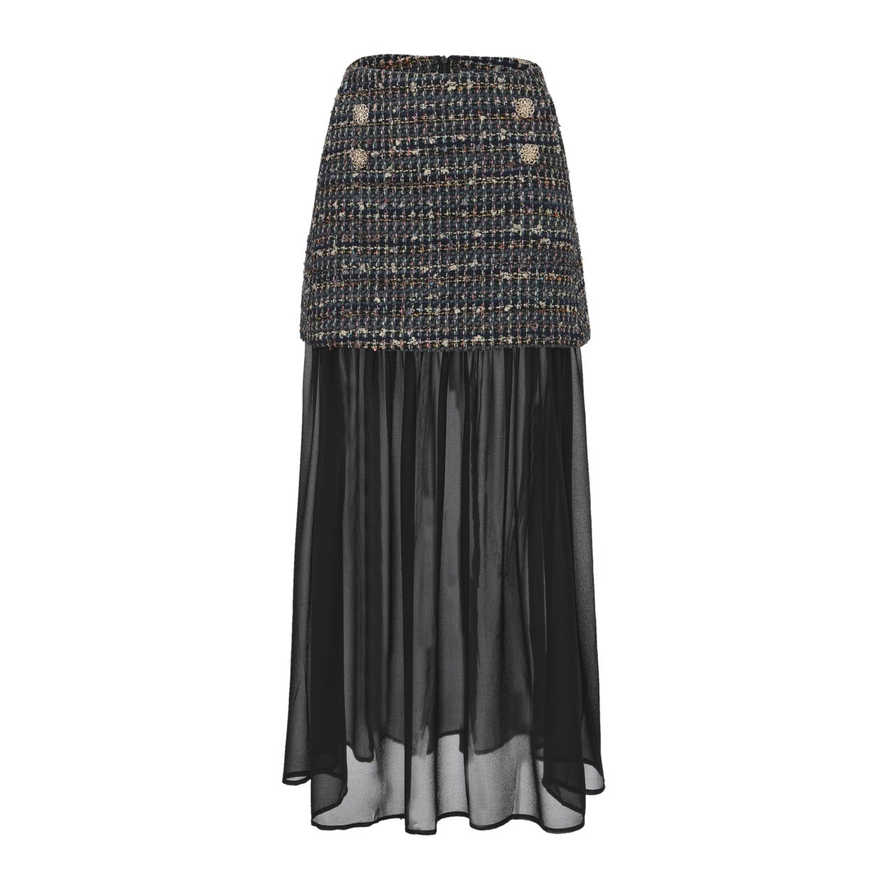 Tweed-Yoke Chiffon Skirt