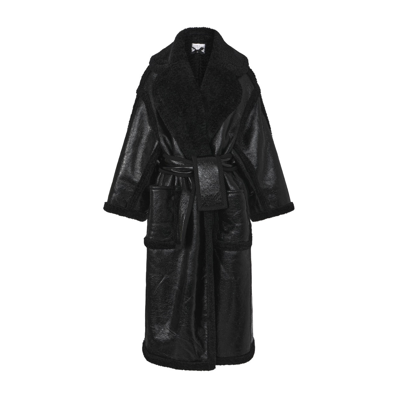Belted Glossy Shearling-Effect Coat
