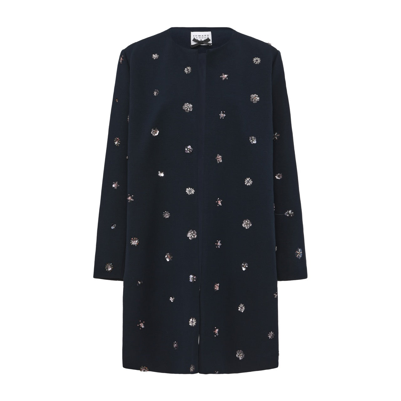Embellished Collarless Straight Coat