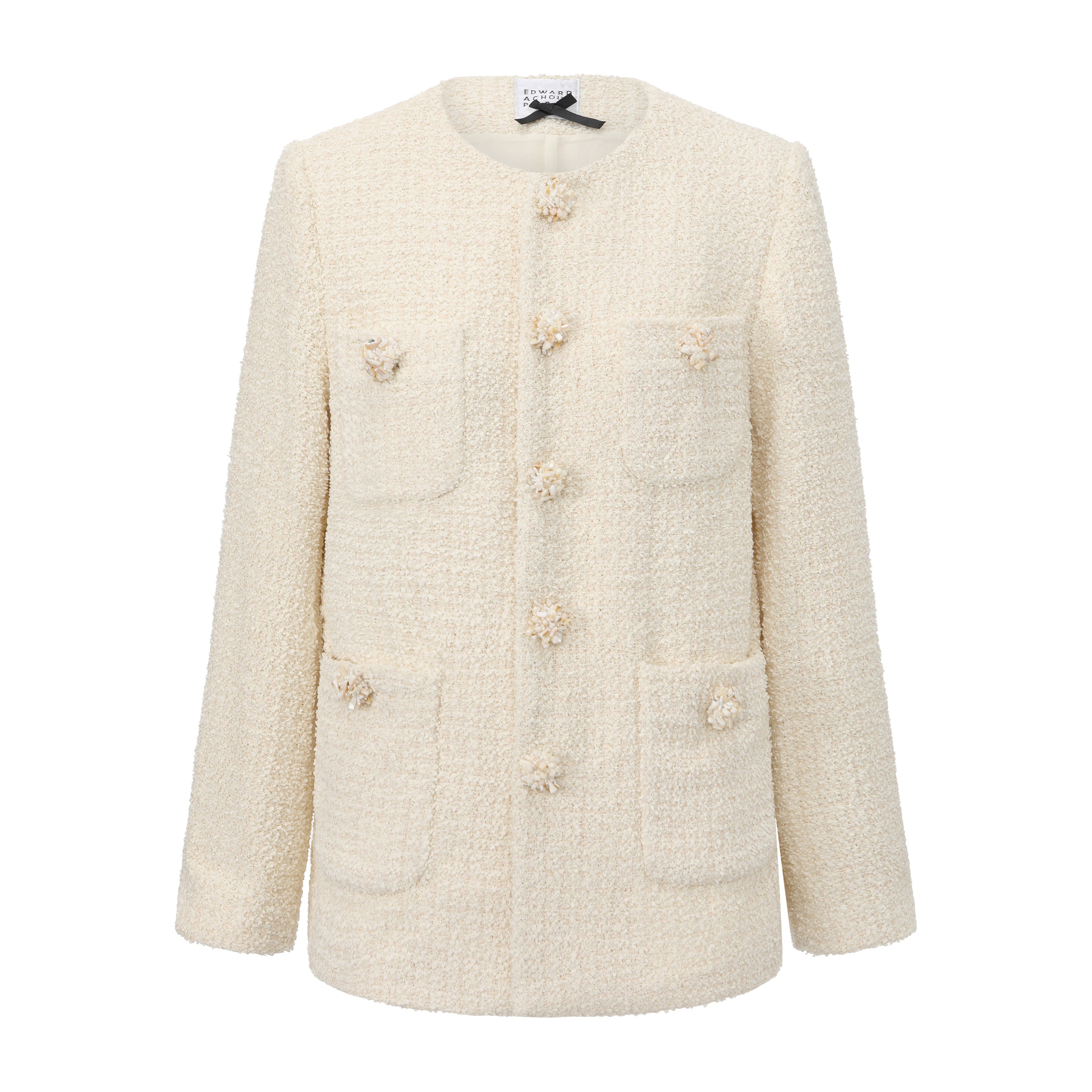 Long Collarless Boucle Jacket