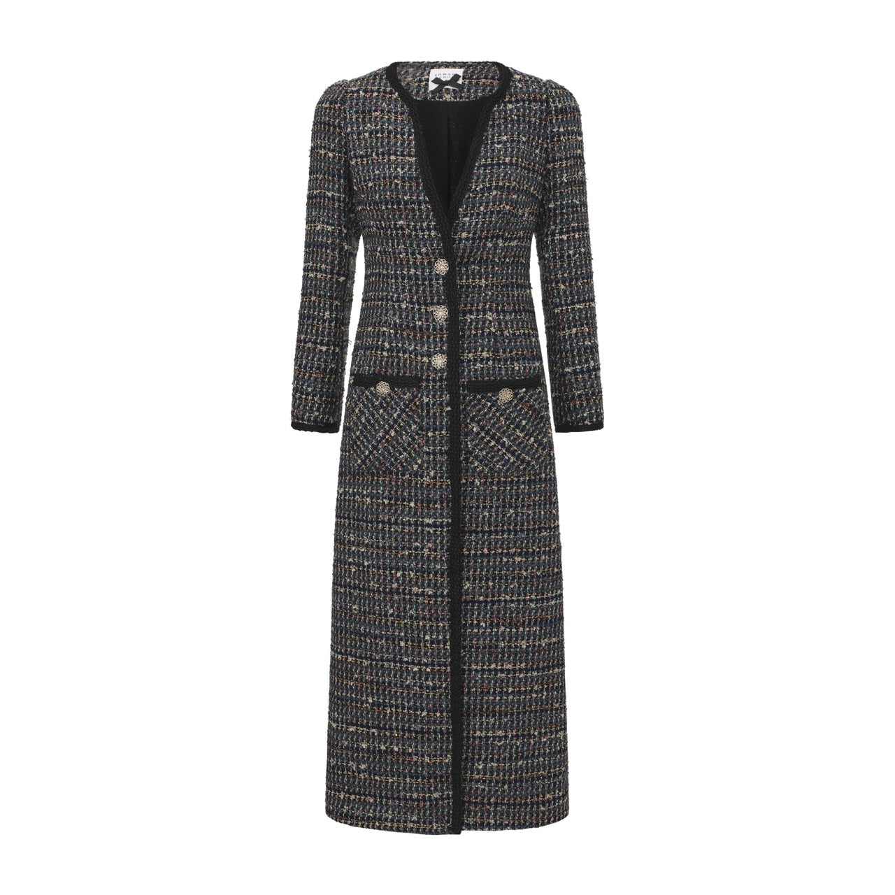 Long Metallic Tweed Coat with Patch Pockets