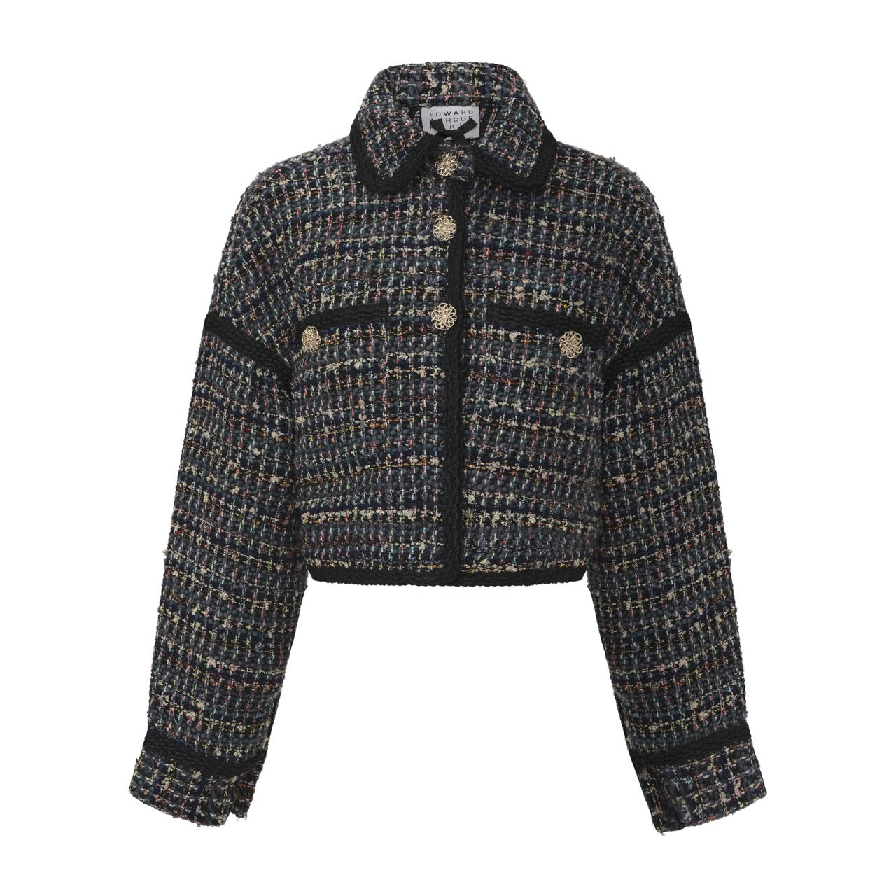 Cropped Tweed Shirt with Gold Buttons