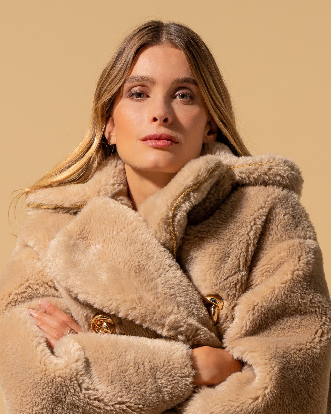 Camel Teddy Coat in Eco-Conscious Plush with Gold Jewel Buttons (090211/904)