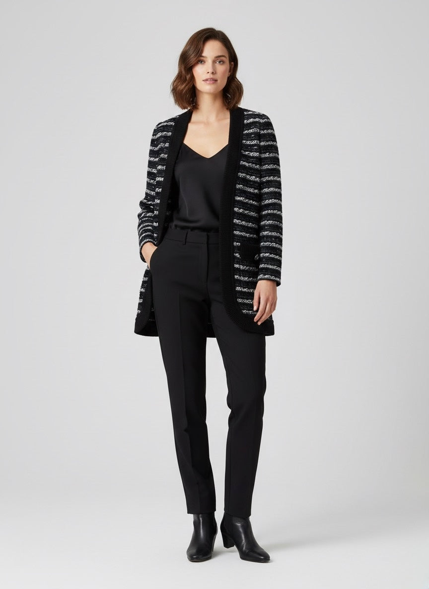 Striped Cropped Long Coat with Knit Trim (090104/902)