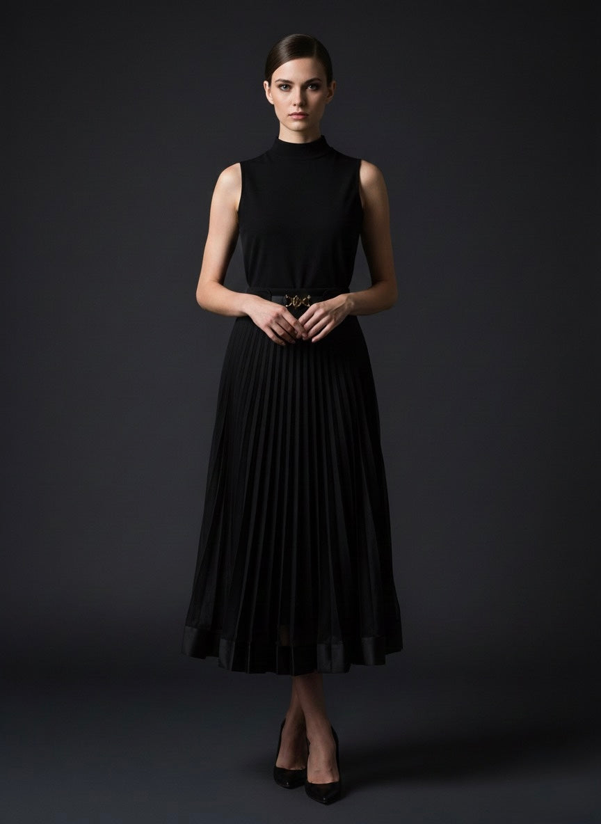 Black Sheer Pleated Maxi Skirt with Belt Buckle Detail (091110/936)