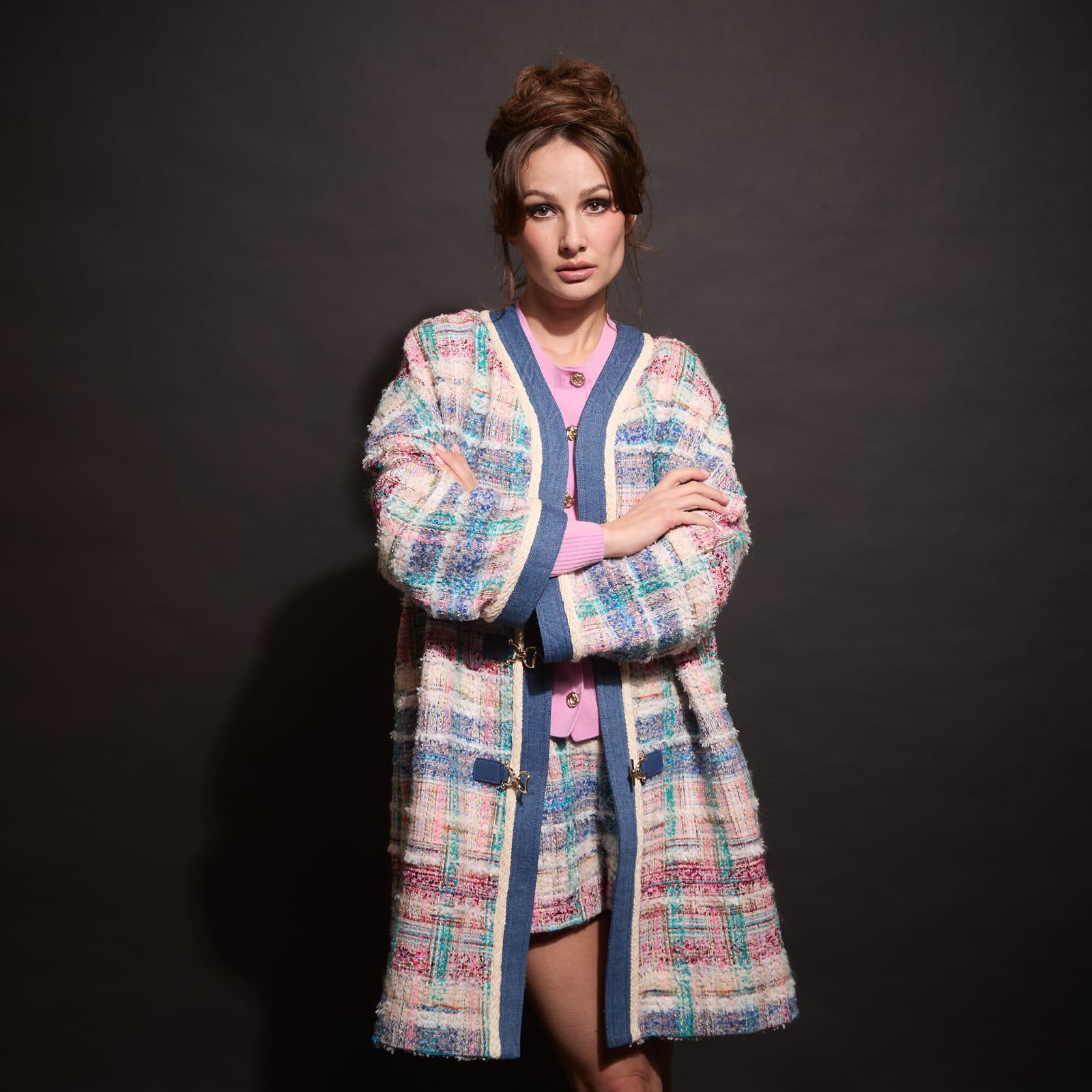 Multicoloured Natté Boxy Coat with Denim Placket With Gold-Lock Buttons (090209/915)