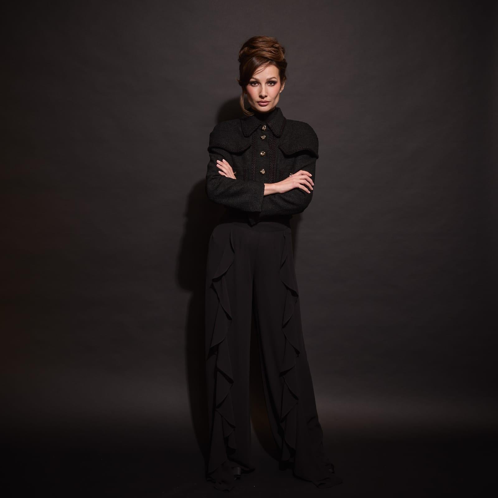 Black Ruffle-Trim Wide-Leg Pants (090906/936)