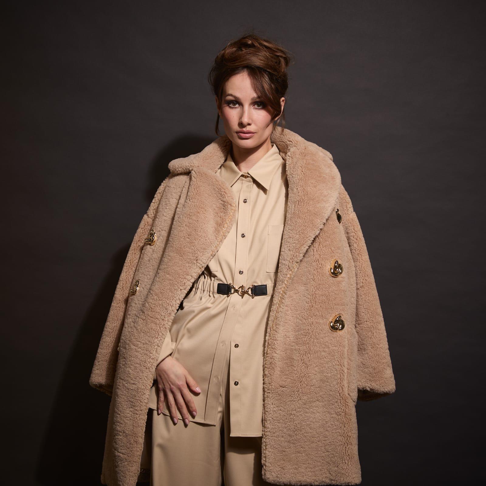 Camel Teddy Coat in Eco-Conscious Plush with Gold Jewel Buttons (090211/904)