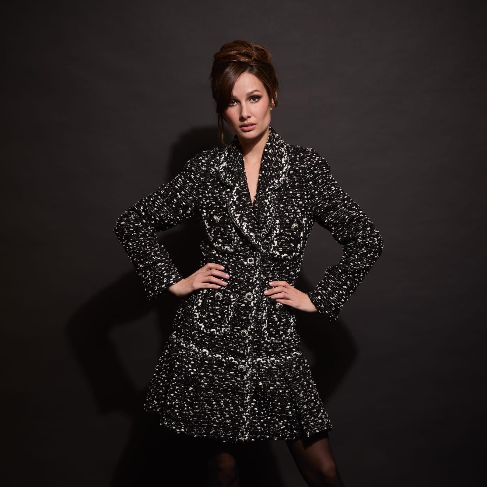 Black & White Natté Trimmed Dress with Jewel Buttons (090207/910)