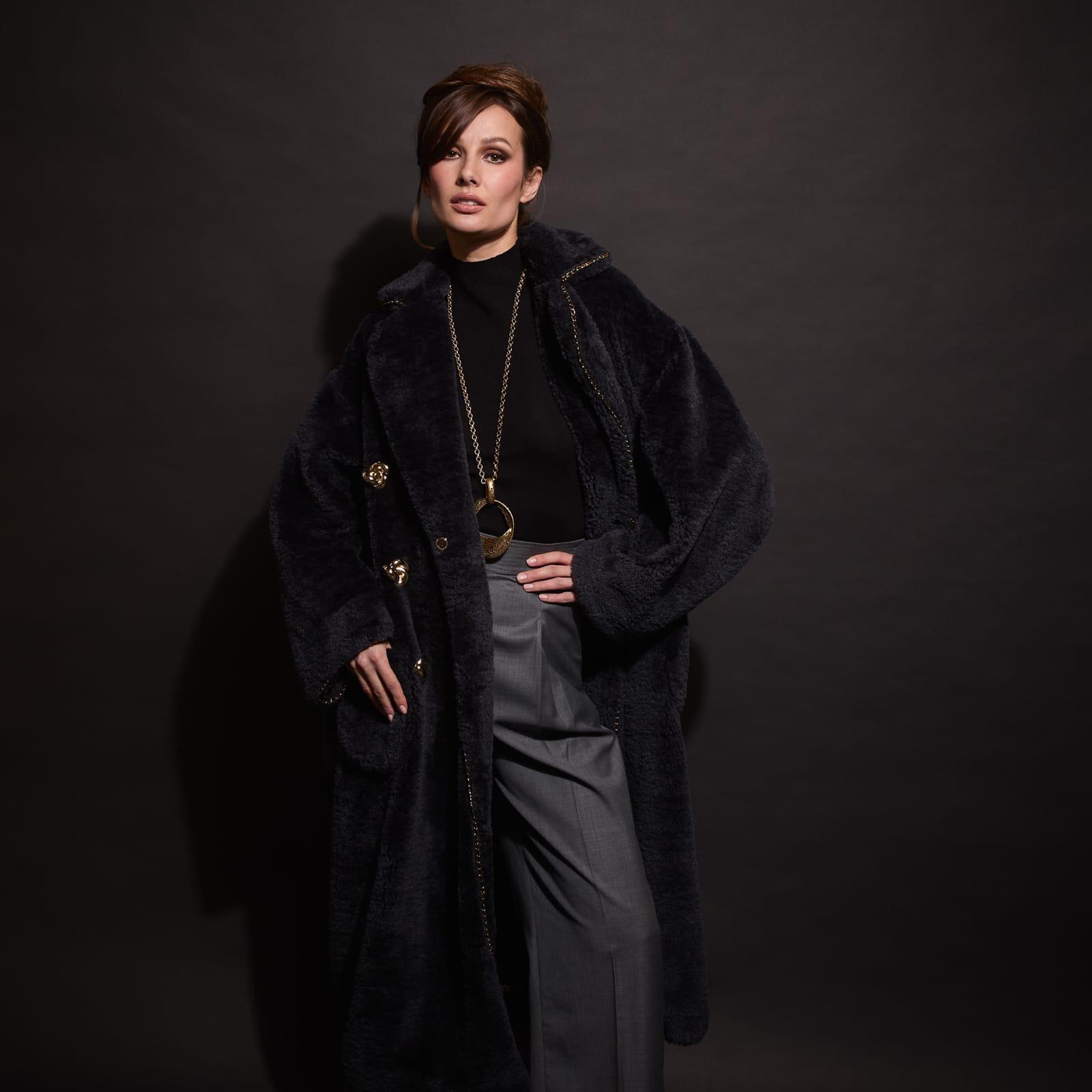 Navy Long Teddy Coat in Eco-Conscious Plush with Gold Jewel Buttons (090202/904)