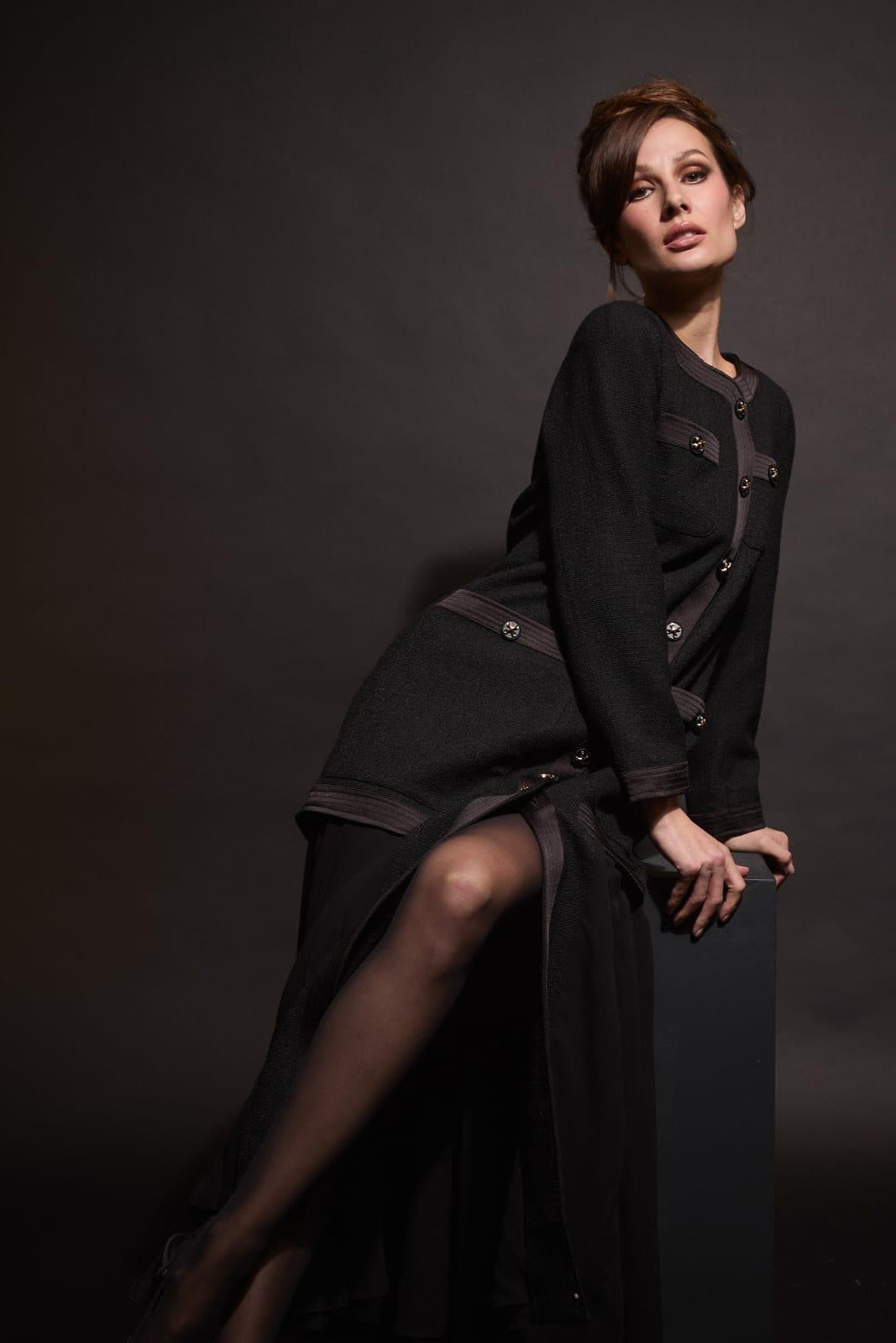 Black Longline Coat with Pleated Hem (090219/934)