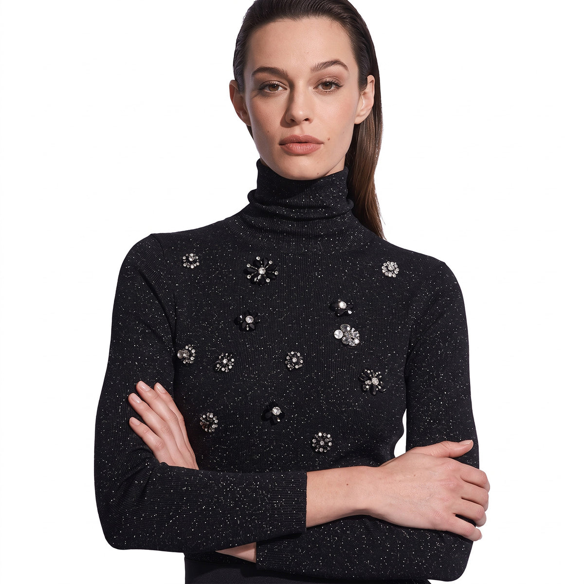Jewel-Embellished Textured Turtleneck