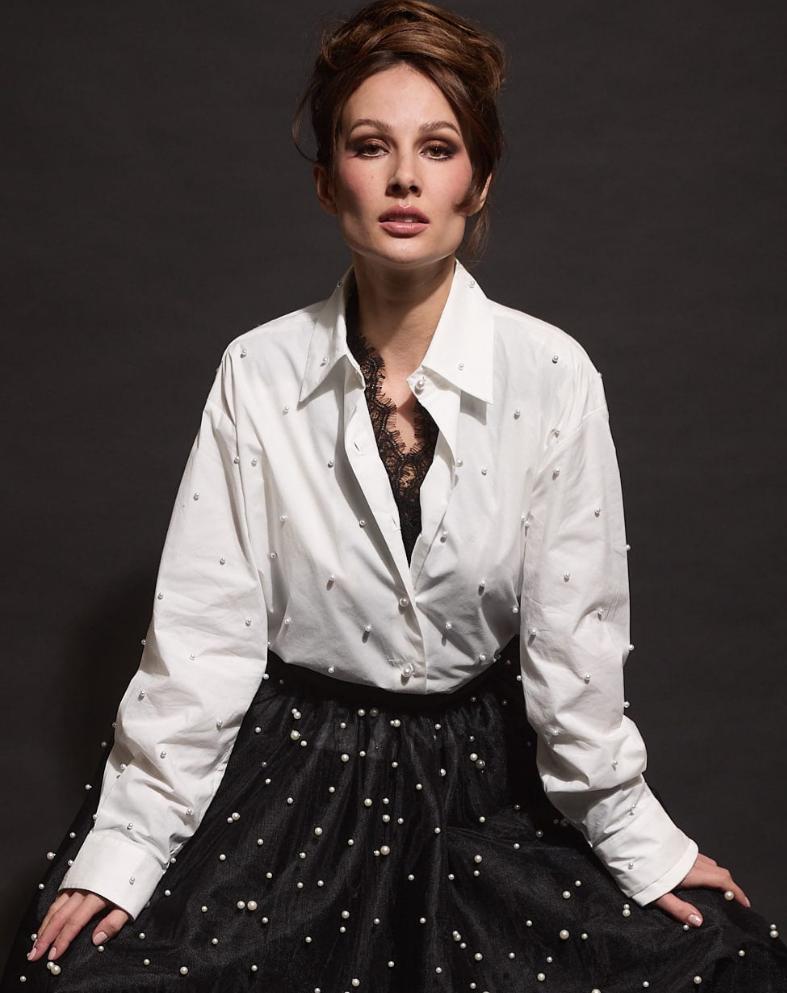 White Shirt with All-Over Pearl Embellishment (090626/952)