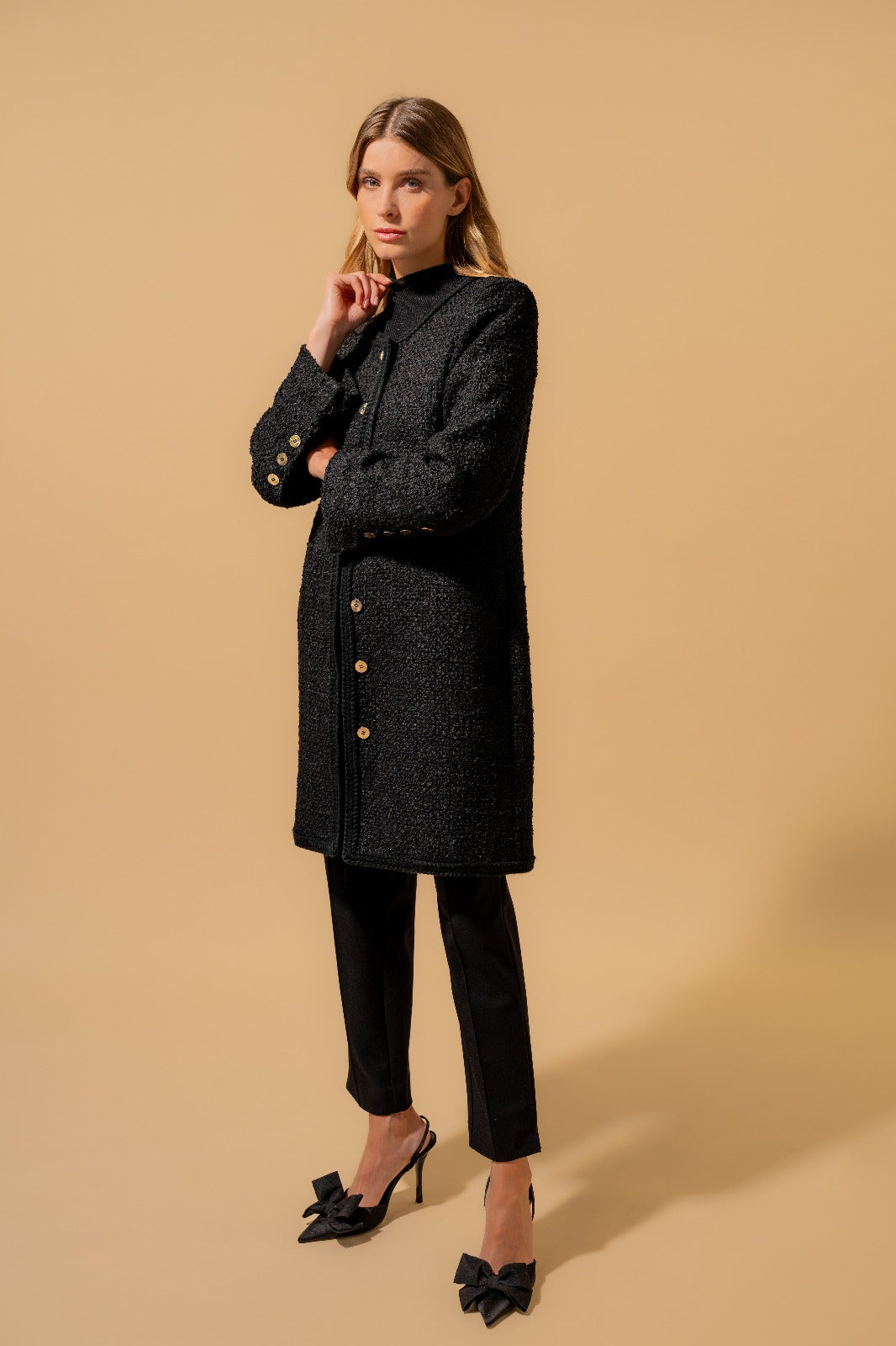 Black Collarless Caban Coat (090119/930)