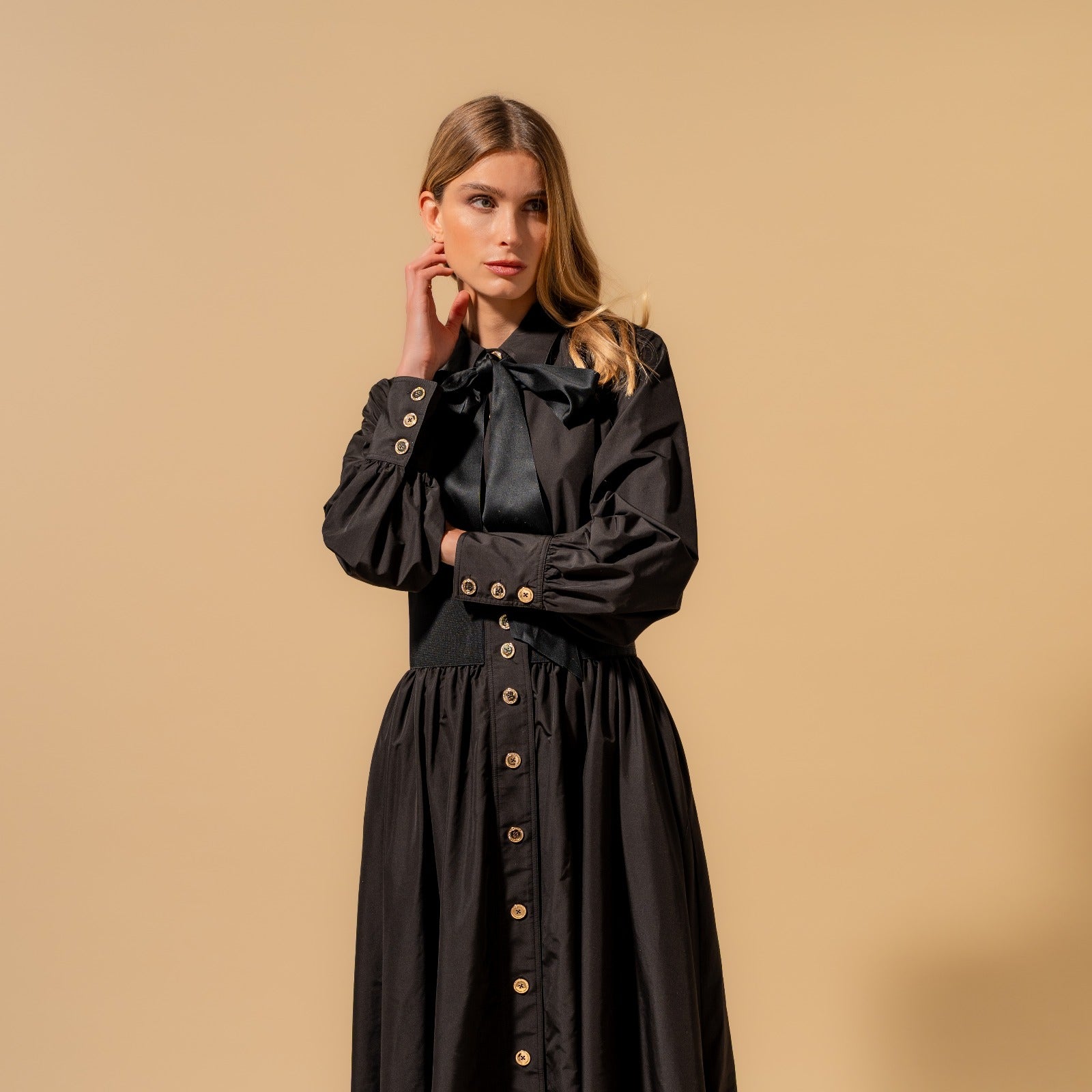 Satin Bow Shirt Black Dress with Gold Button Detail (090407/933)