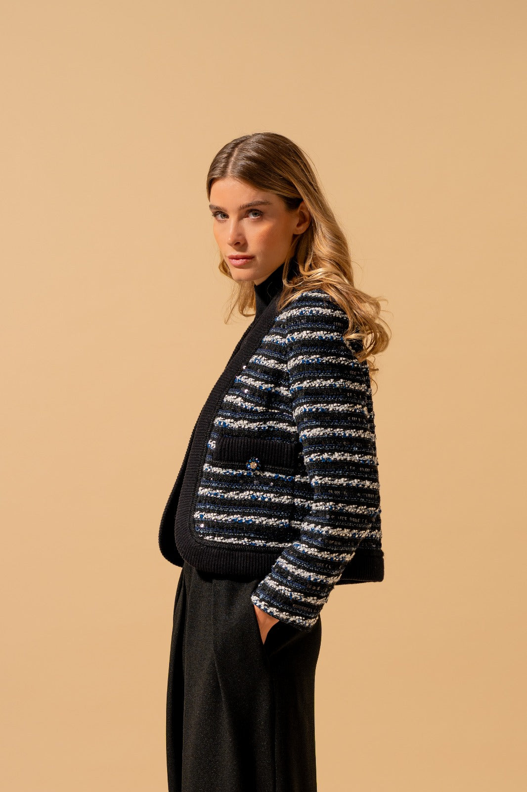 Striped Cropped Jacket with Knit Trim (090103/902)