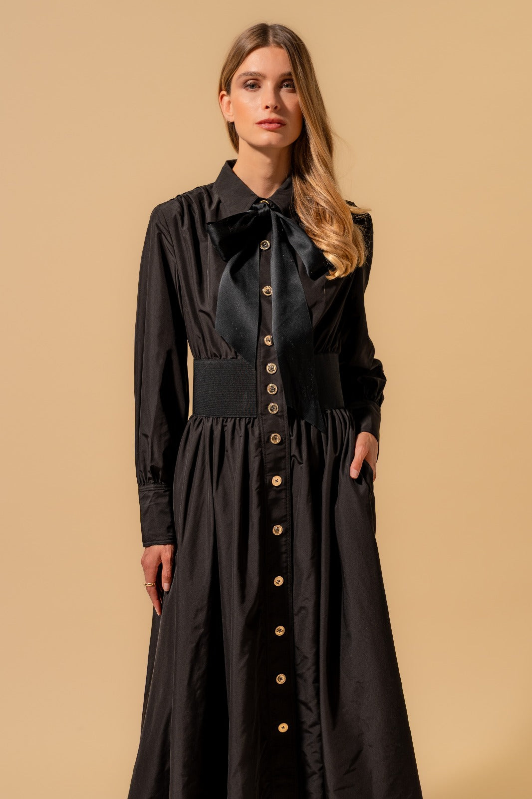 Satin Bow Shirt Black Dress with Gold Button Detail (090407/933)