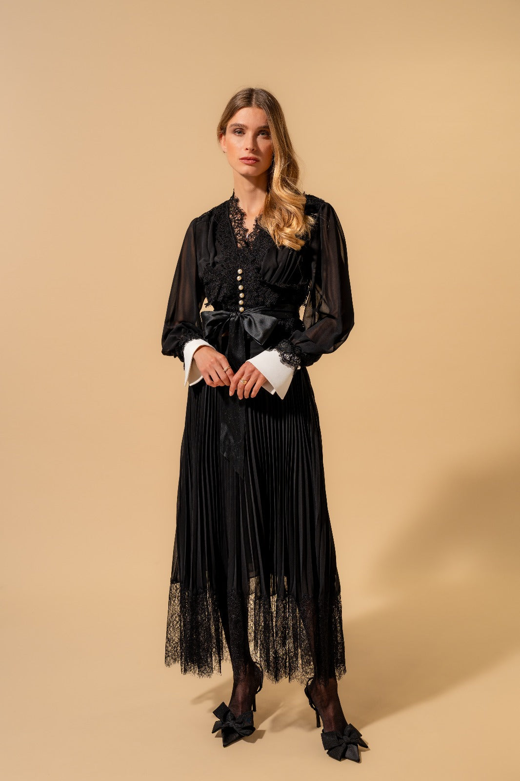 Black Pleated Midi Skirt with Lace Hem (091108/936)